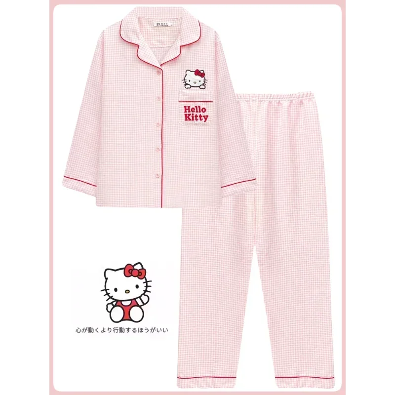 Sanrio new Hello Kitty silk pajamas female cute cartoon comfortable pure cotton woven cardigan home women\'s pajamas set