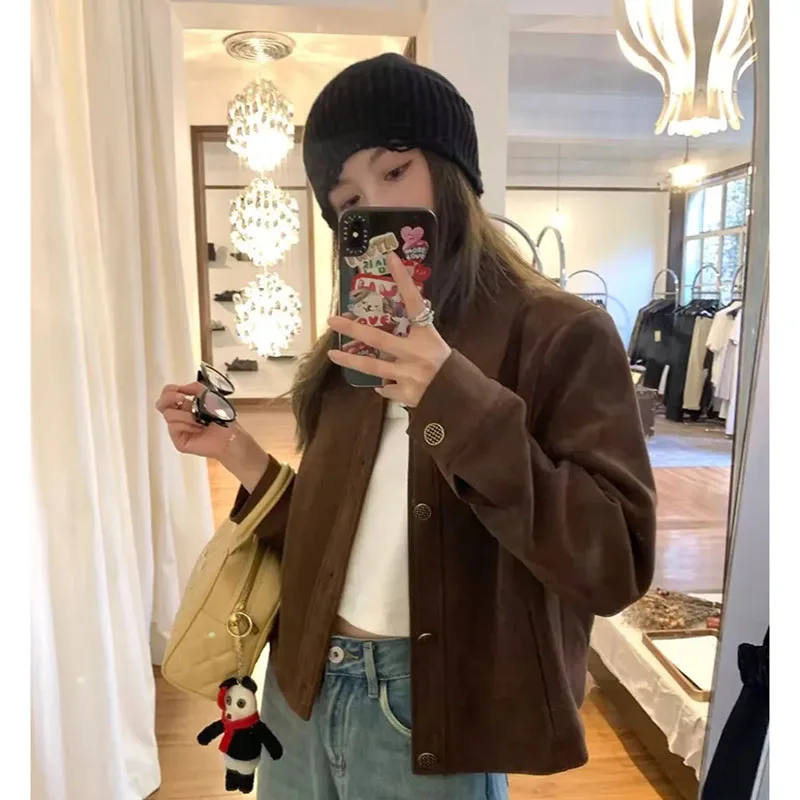 

Spring Autumn Ladies Long Sleeves Jacket Korean Female Deer skin velvet Short Outwear 2025 Women Design Sense Casual Loose Coat