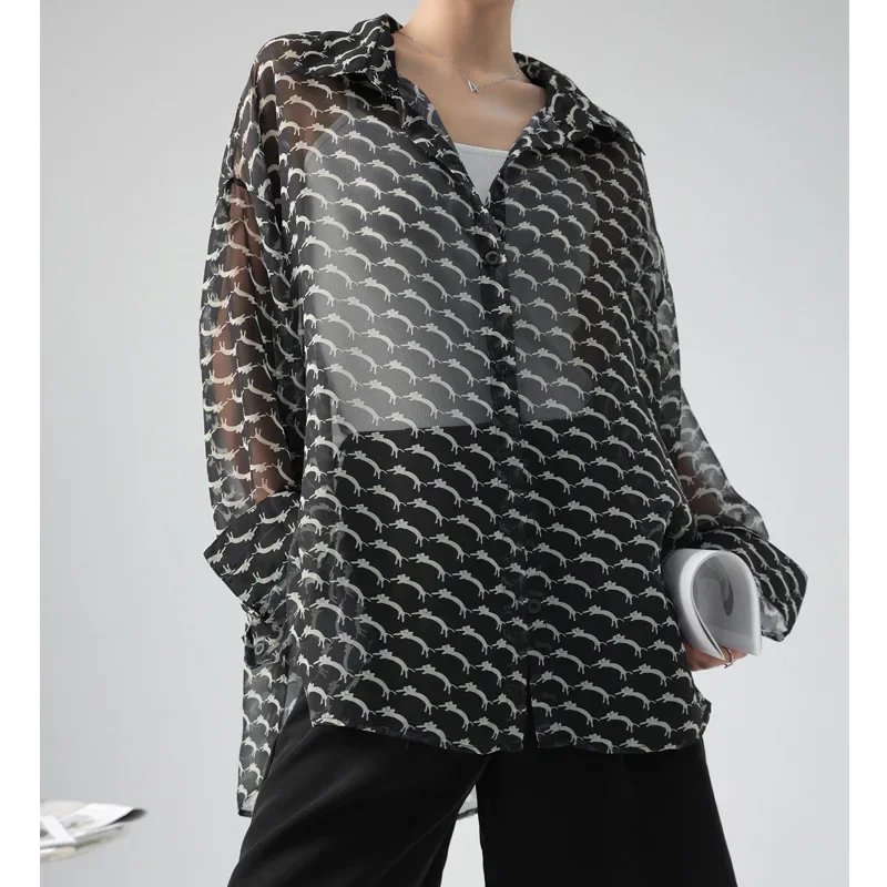 Summer Casual Shirts Chiffon Long Sleeve Sun Protection for Women Print Color Korea Stylish Classic Loose Female Blouse