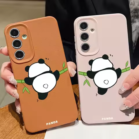 Cute Panda Case For Samsung Galaxy A55 A15 A54 A16 A56 5G S25 Edge S25 S24 S23 S22 Ultra S24 FE Leather Texture Soft Phone Cover