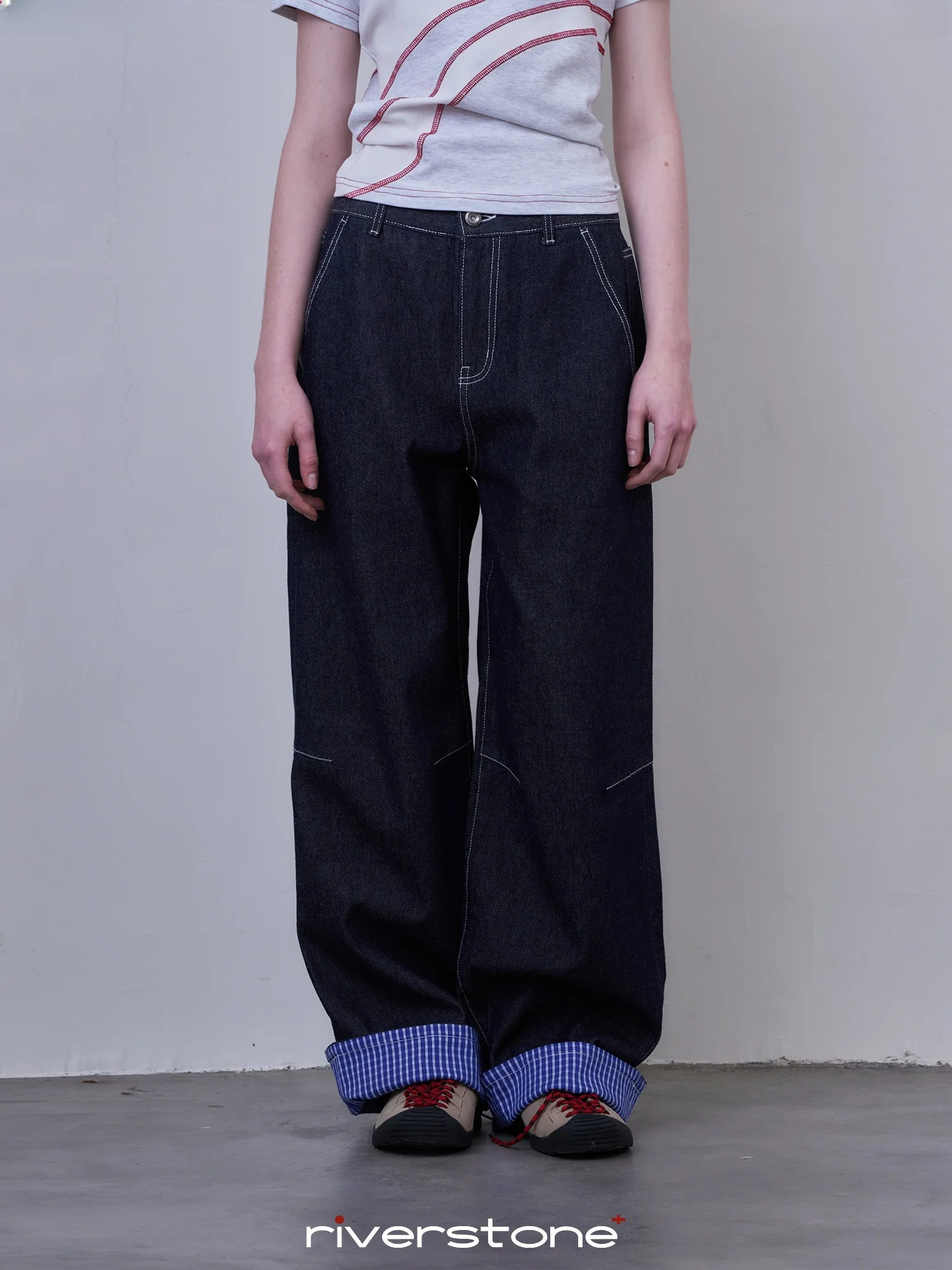 

Riverstone plus Original Denim Wide Leg Jeans Women's Loose Straight Casual Trousers Summer New Plaid Splicing Jeans