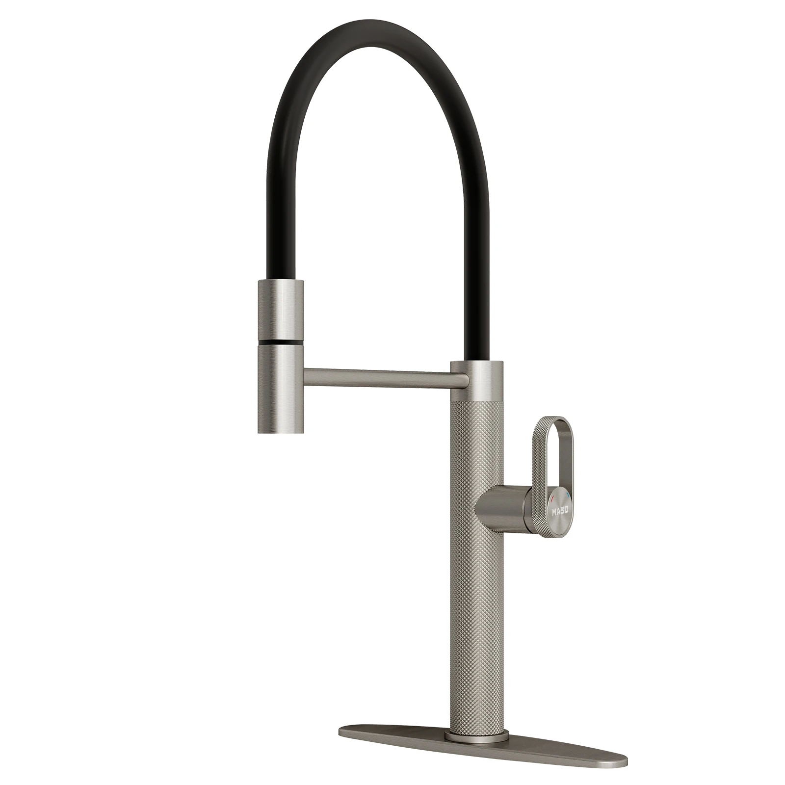 

MASO Pull-Out Kitchen Faucet, 360° Swivel, Black Rubber Neck, Single Handle, 2 Spray Modes, 304 Stainless Steel, Brushed Nickel