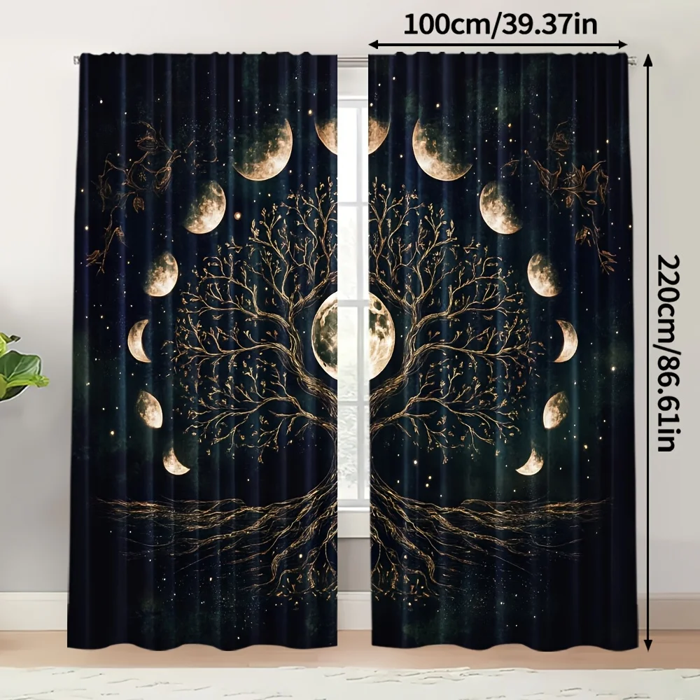 2pcs Moon Tree Print Curtains Starry Night Sky Design Fantasy Style Polyester Window Drapes for Living Room Bedroom