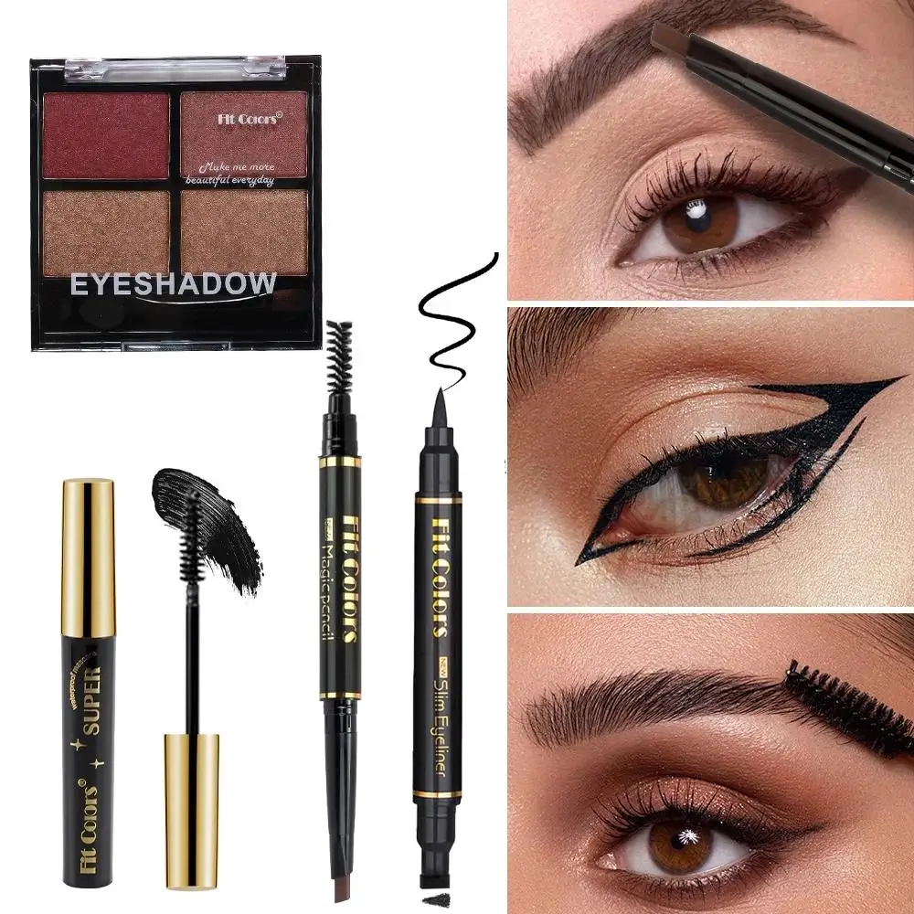 Kit de maquillaje de ojos resistente al agua 4 en 1, máscara de sombra de ojos automática de doble punta y combinación de delineador de ojos