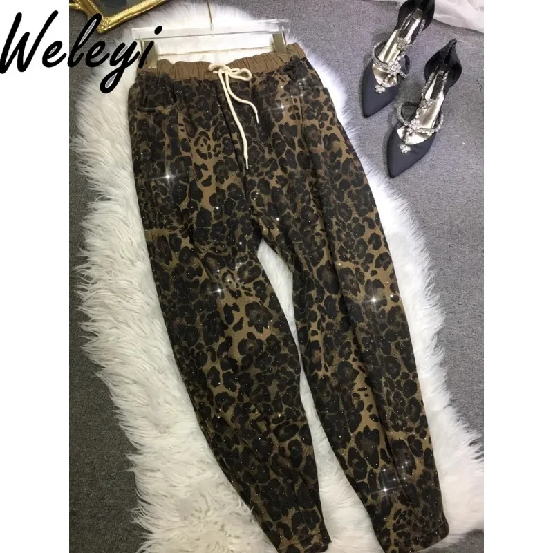 

Autumn Rhinestones Leopard Harlan Pants Woman Large Size Winter Women's Elastic Waist Hot Diamond Tied Trousers Trendy Clothes