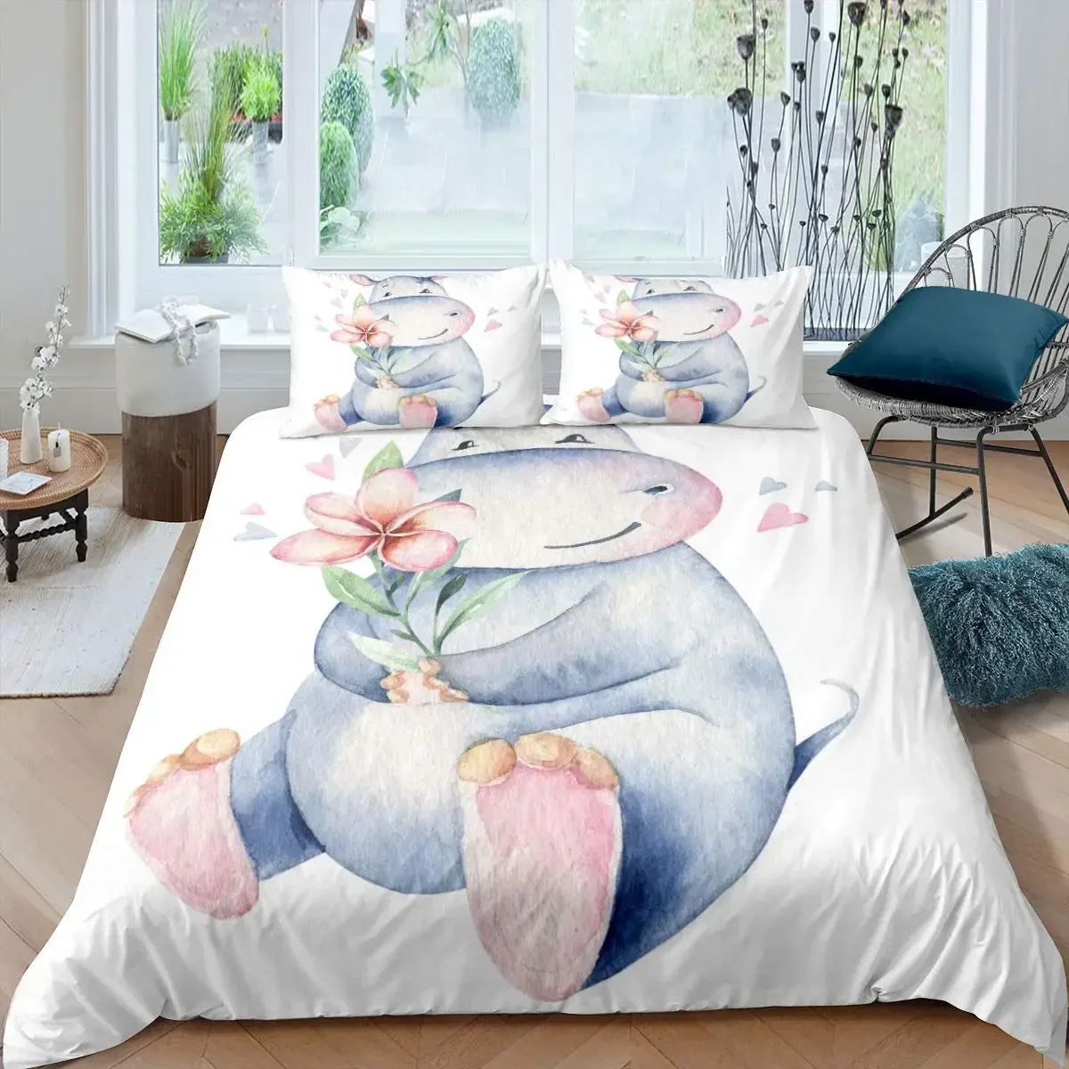 Hippo Duvet Cover Set King Size Cartoon Hippo Holding Pink Flower Comforter Cover Set for Kids Wild Animal Polyester Quilt Cover