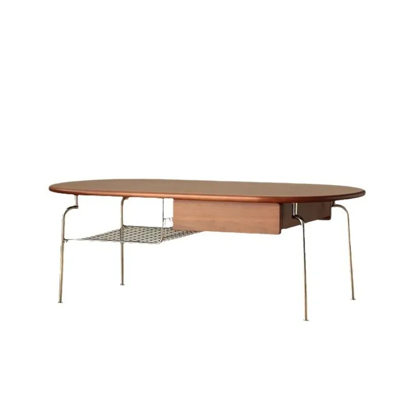 Small apartment living room solid wood coffee table minimalist Nordic ins stainless steel small table retro Japanese oval tea