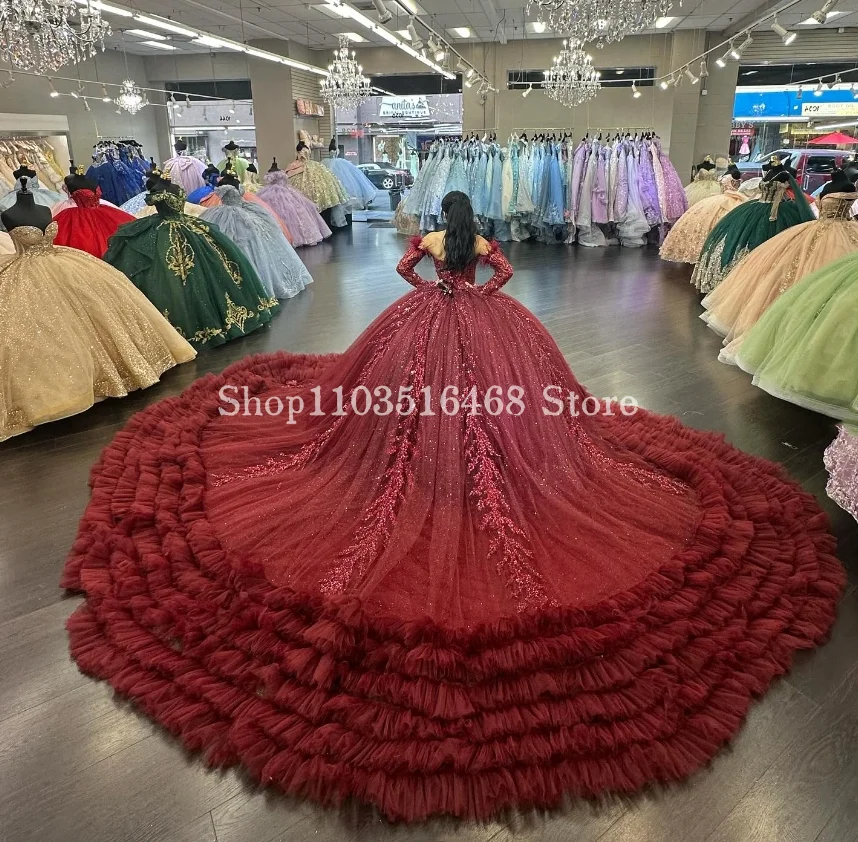 Embroidered Yarn Burgundy Quinceanera Dress 2024 Luxury Sweetheart Neck Cathedral Hem Puffy Princess 16 Dress