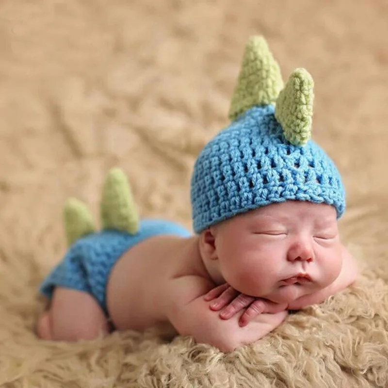 

0-6 Months 100 Days Handmade Knitted Newborn Baby Boys Photography Clothes Blue Dinosaur Costume 2pcs/set