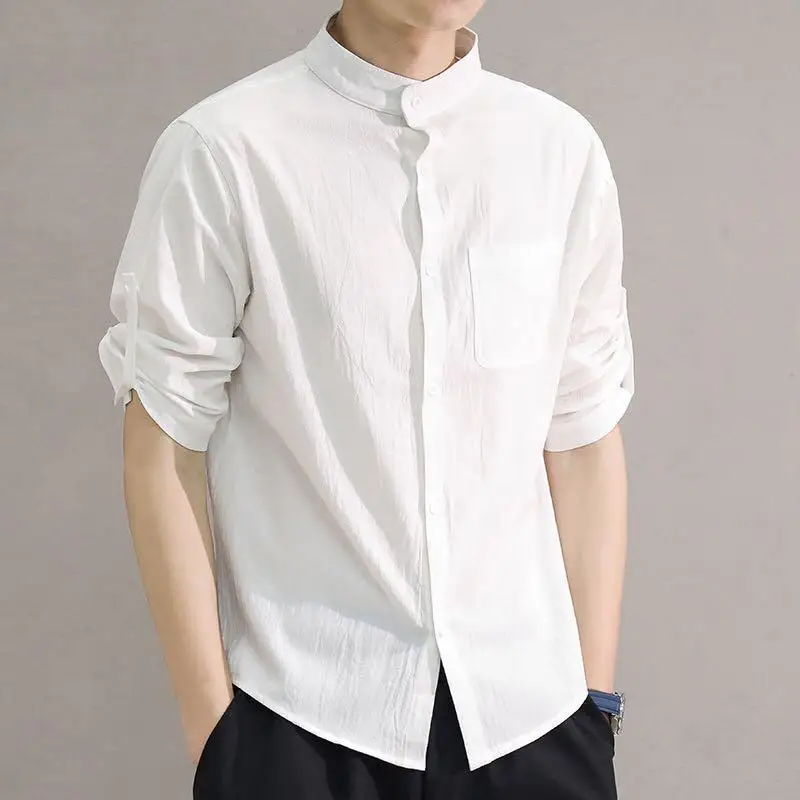 Camisa retrô masculina com botão de linho de algodão, blusa casual simples de meia manga, tops preto e branco, verão solto