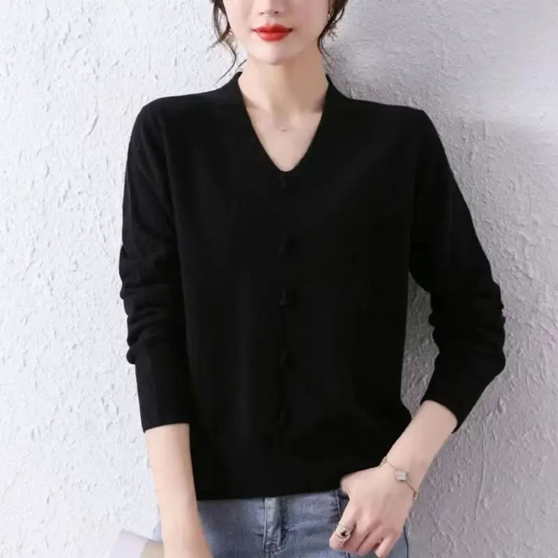 Basic Solid Color Knitted Sweaters Women's Clothing Casual V-Neck Button Autumn Winter Korean Loose Stylish Long Sleeve Jumpers