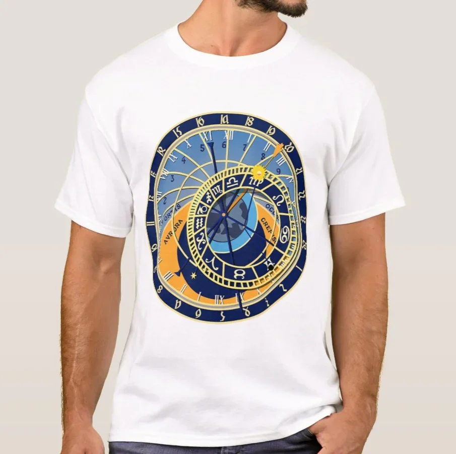 Czech Republic Prague Astronomical Clock Mens T Shirt. 100% Cotton Short Sleeve O-Neck Casual T-shirts Loose Top New Size S-3XL