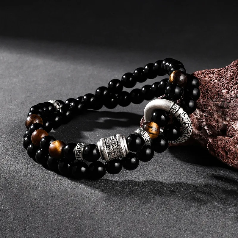 Chinese Style Lucky 6mm Obsidian Double Layer Bracelet For Men Sterling Silver Peace Buckle Fu Character Beads Blessing Good Luc