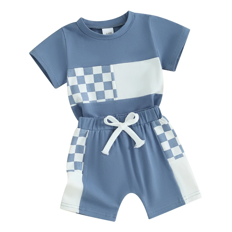 Summer Baby Boy Clothes Checkerboard Block Short Sleeve Shirt Tops and Shorts Set 2Pcs Toddler Boys Casual Outfit