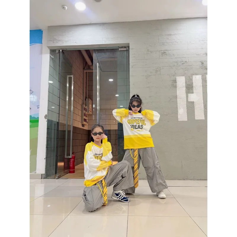 Girls Gradient Hip Hop Dancing Sweatshirt And Cargo Pants Set Kids Streetwear Modern Dance Clothing Teenage Outfit Street Dance