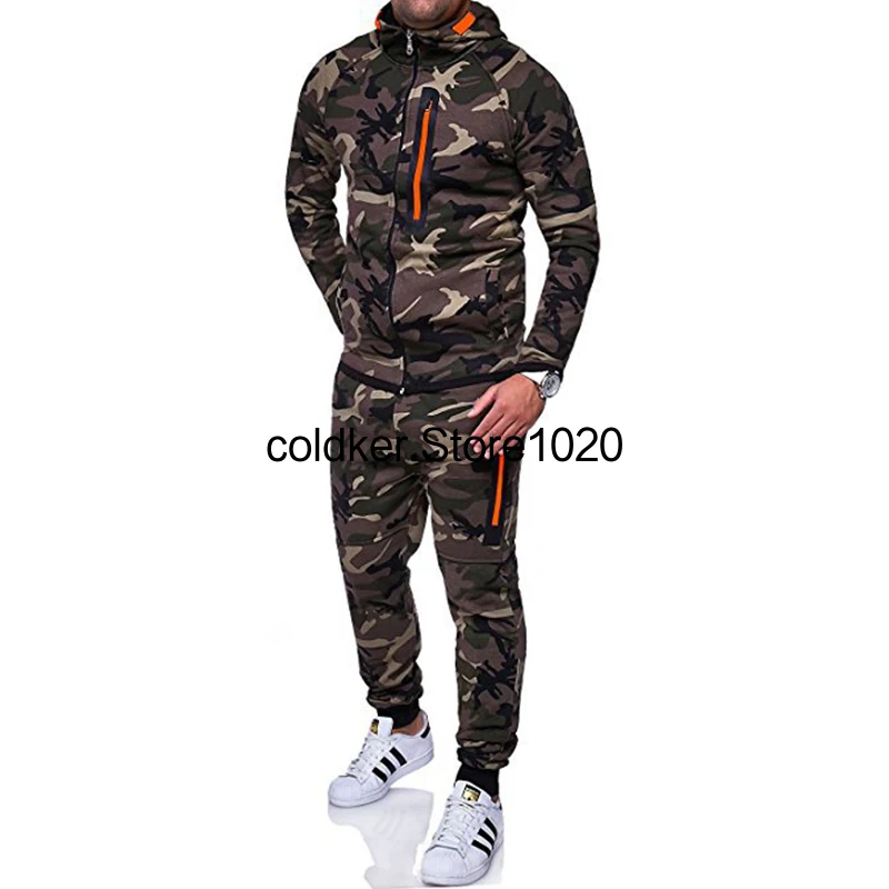 Chándal con capucha para hombre, ropa deportiva, cárdigan de camuflaje, sudadera muscular, chaqueta y pantalones, conjuntos de 2 piezas, Otoño e