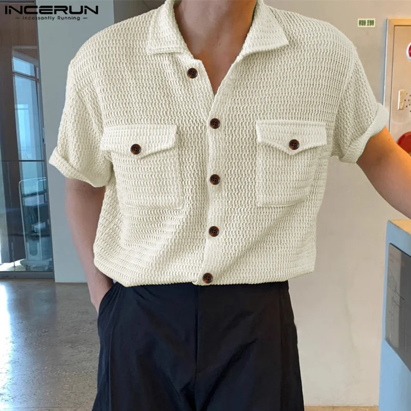 

INCERUN Tops 2024 Korean Style Men's Mesh Hollow Double Pocket Design Shirts Casual Streetwear Solid Short Sleeved Blouse S-5XL