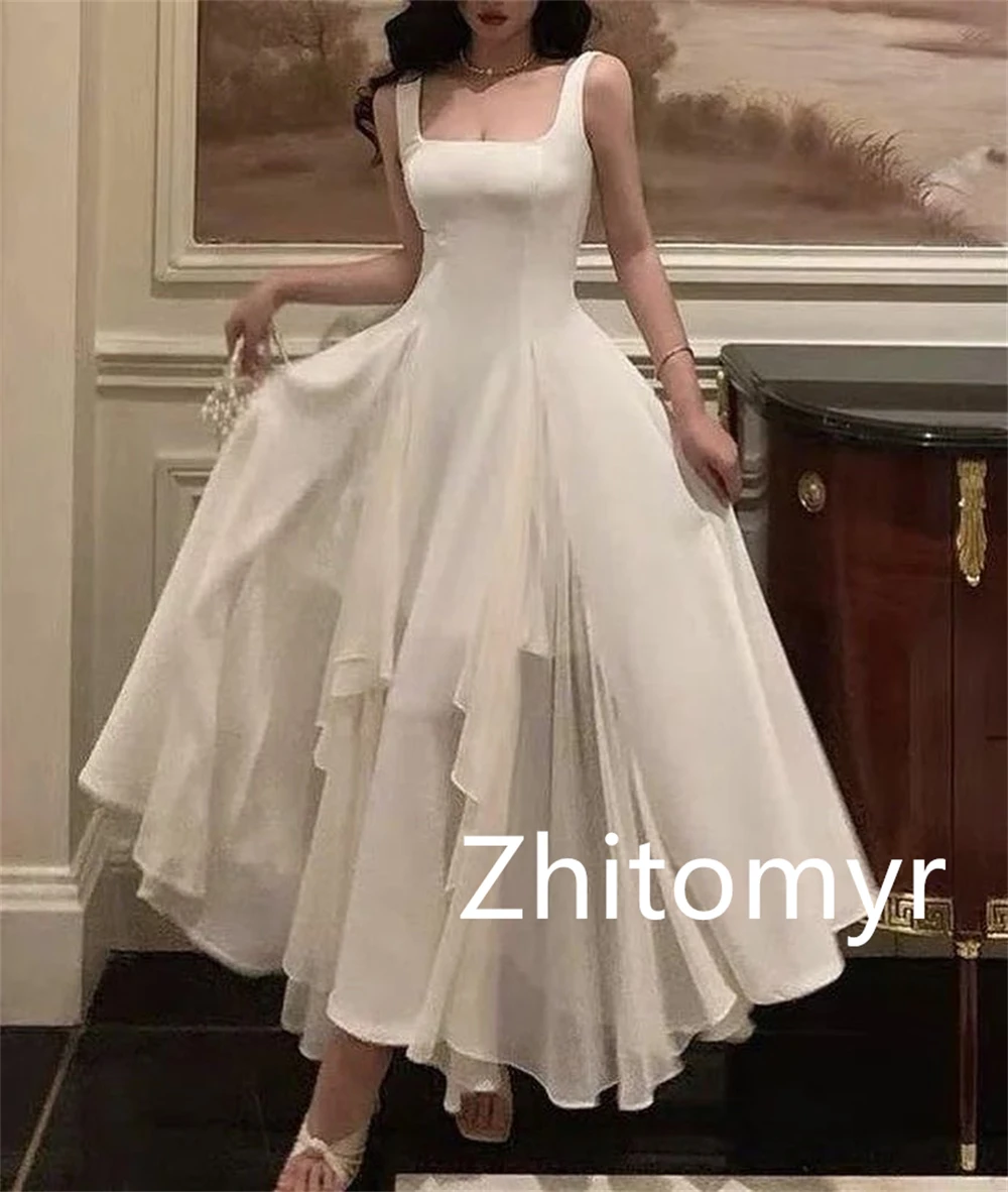 Ball Simple Elegant Square A-line Homecoming Dresses Draped Skirts Anke Length Chiffon Prom Birthday Dress For Women 2023