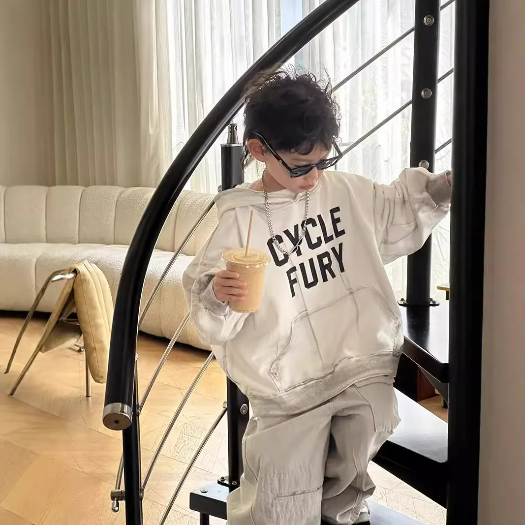 Children Clothes Boys Hoodie 2024 Autumn New Loose Hooded Casual Shirt Solid Color Long Sleeve Letter Kids Simple Hoodie