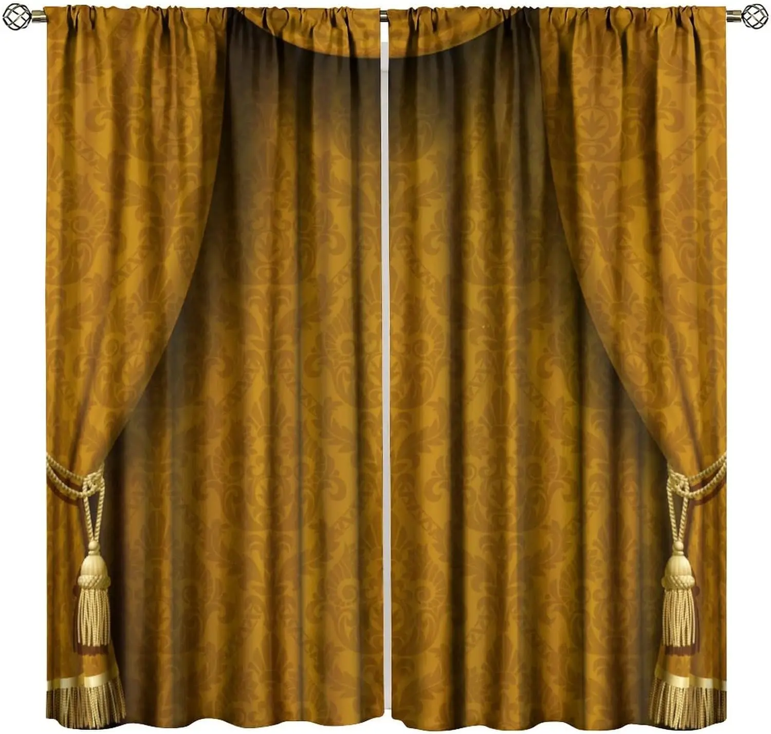 Theater Curtains, Retro Baroque Golden Curtain Pattern Window Treatments, Rod Pocket Thermal Insulated Drapes 2 Panel Sets for