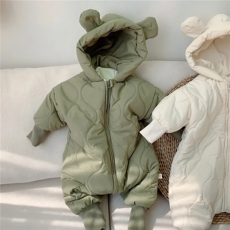 Korean Baby Flying One-piece Cotton Coat Baby Thick Warm Outdoor Clothes Winter Zipper Solid Hooded Rompers