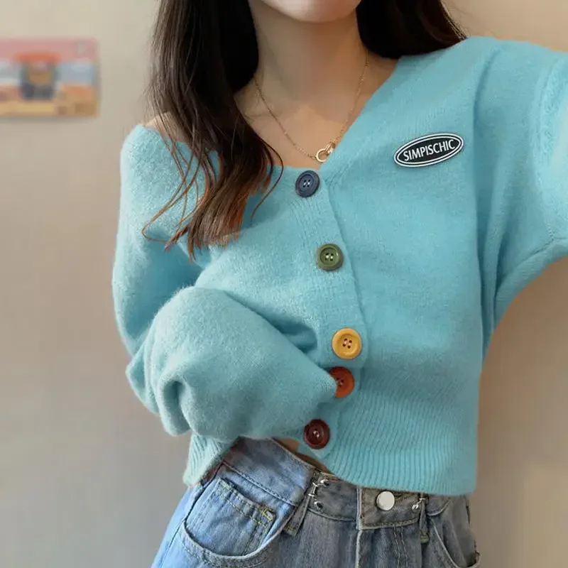 New Sweet Cropped Cardigan Women 12 Colors Sweater Female Korean Single Breasted V-neck Long-sleeved Knitted Jackets