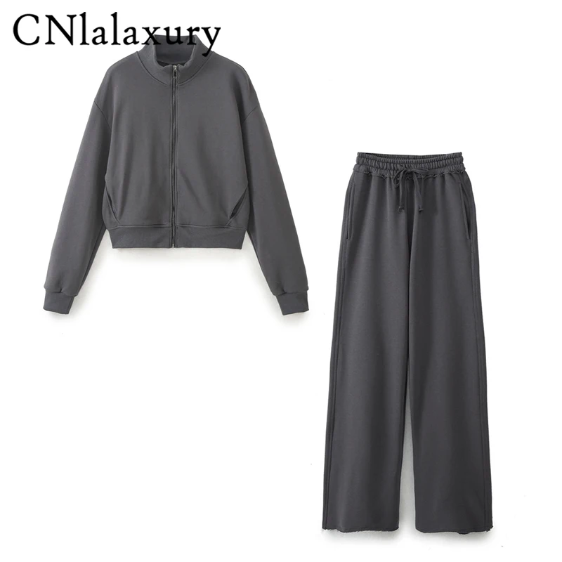 CNlalaxury Spring Pant Suit For Women Casual Solid Sportwear Long Sleeve Zipper Bomber Jacket + High Waist Loose Pant Woman Sets