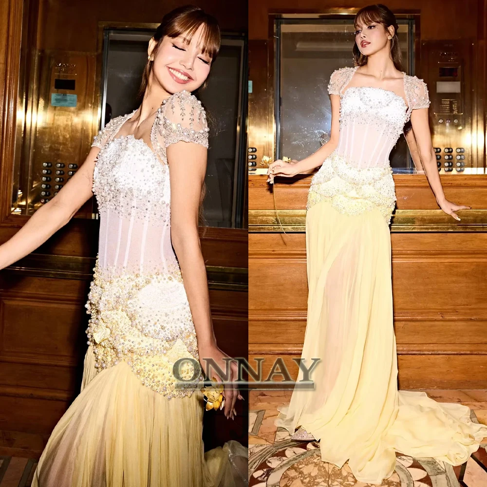 Customized Elegant Yellow Pearls Maxi Evening Dresses Chiffon Women Dubai Saudi Vestidos De Fiesta Formal Party Bespoke Gown