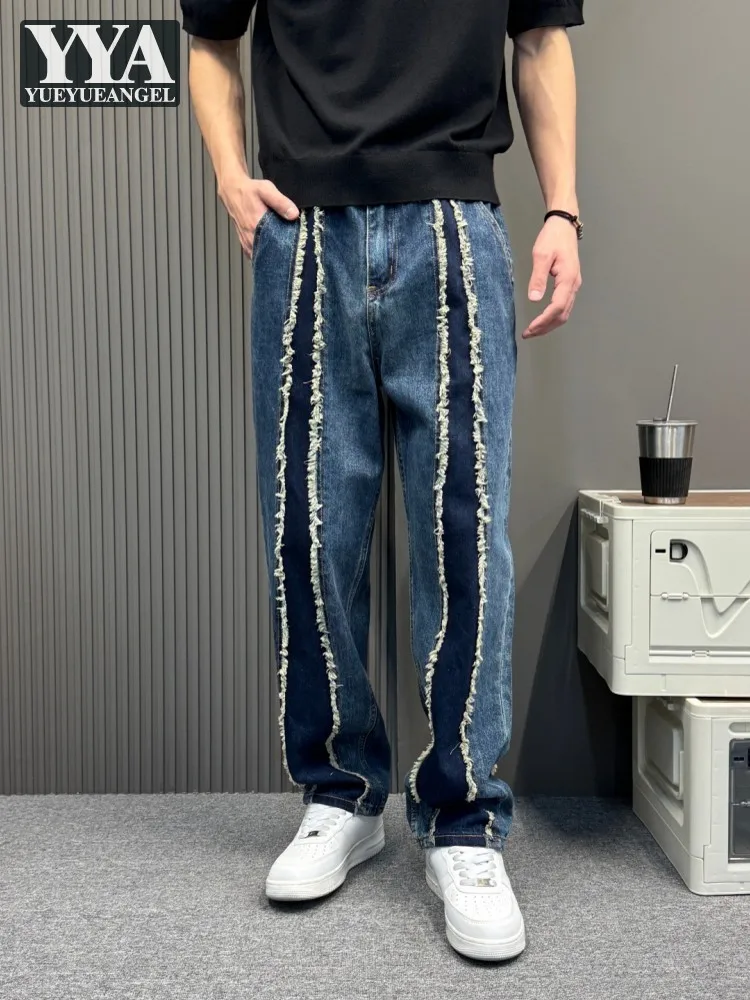 New Fashion American Style Male High Street Spliced Jeans Loose Pants Mid Waist Casual Denim Pant Straight Leg Wide Leg Trousers