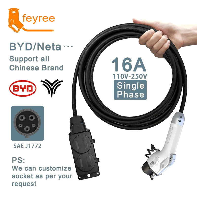 Feyree 전기 자동차 측면 방전 플러그 EV 타입 1 16A 충전기 케이블, EU 소켓, 야외 발전소, V2L 차량 지원 필요