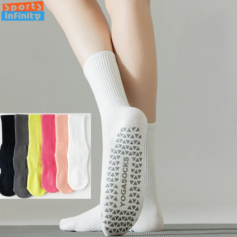 

Женские носки для йоги средней длины, противоскользящие профессиональные носки для пилатеса, хлопковые спортивные носки для танцев в помещении, фитнеса, батута, аэробики