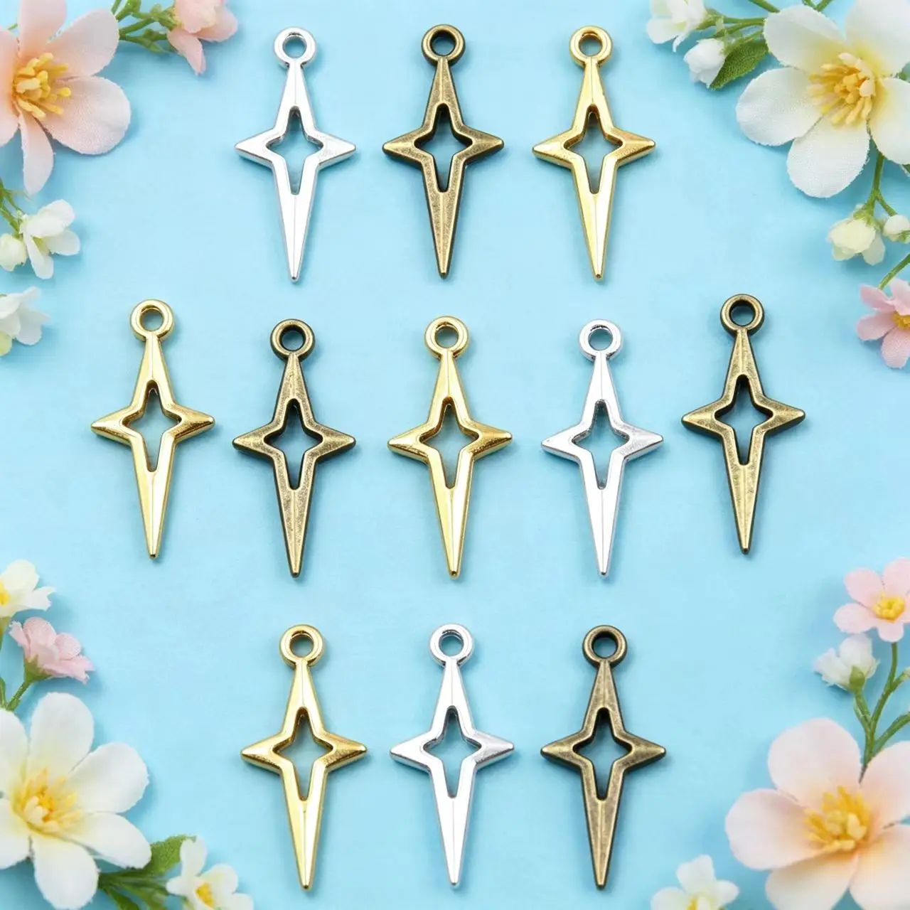 20Pcs 10*22mm 3 Color Wholesale Openwork Star Charms Nature Pendants Handmade Decoration Vintage for DIY Jewelry Making Findings