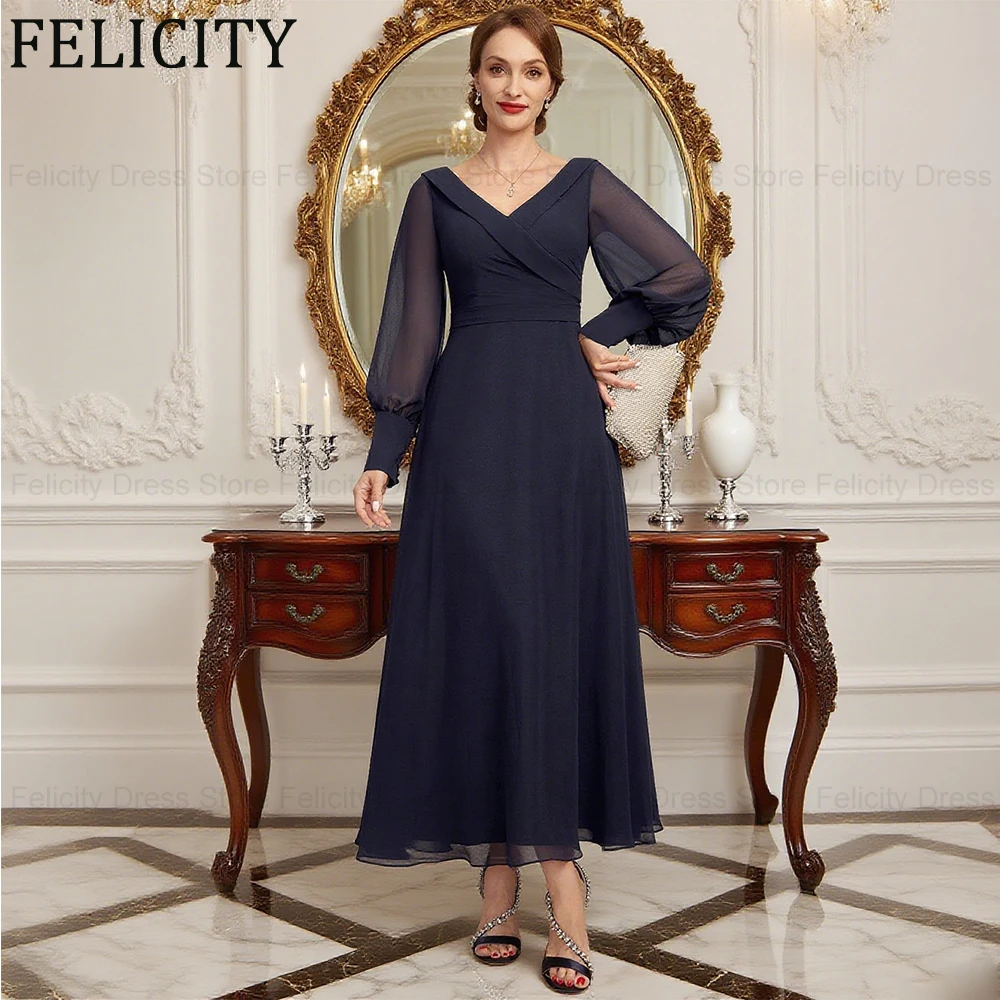 

FELICITY Customized Simple Mother of the Bride Dress 2025 A-line V-Neck Chiffon Long Wedding Guest Party Dress Evening Gowns