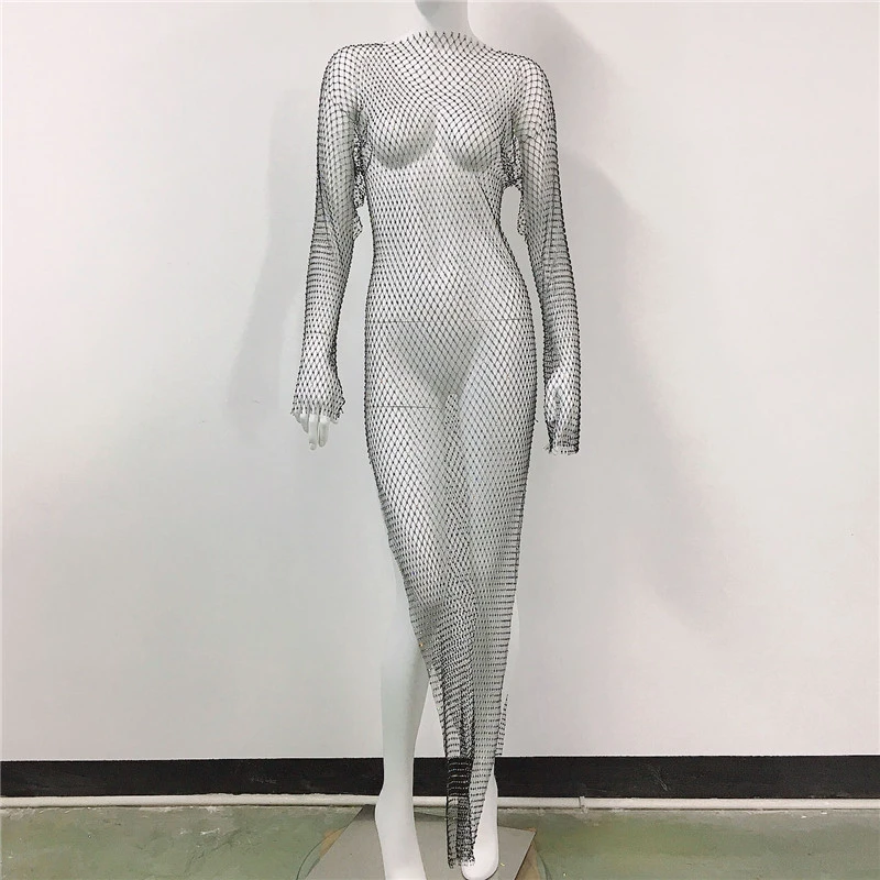 Glitzerndes Strass-Netzkleid für Damen, Transparentes Mesh-Strandkleid, Party-Club-Maxikleid 2026, Atmungsaktives Sommerkleid für Frauen – Detail 5