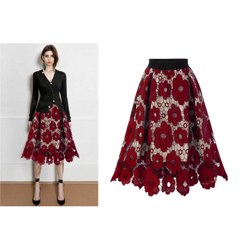 

Large Size Women's Skirt Elegant Lace Hollow Flower Skirt Vintage High Waist Jacquard Tutu Skirt Evening Party Cocktail Dress Up