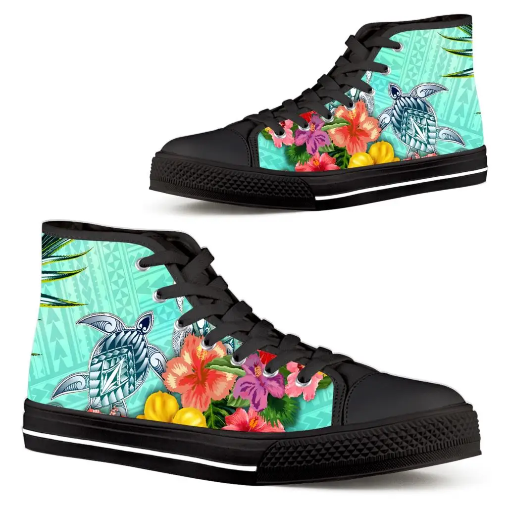 

ELVISWORDS Polynesian Sports High-top Women's Vulcanized Shoes Hawaii Turtle Hibiscus Print Canvas Shoes Tropical Flowers Flats