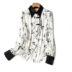 Satin Long Sleeved Blouse Surface Summer New 2024 Casual Fashion Simplicity Tops Ink Wash Flower Turn-down Women's Shirts