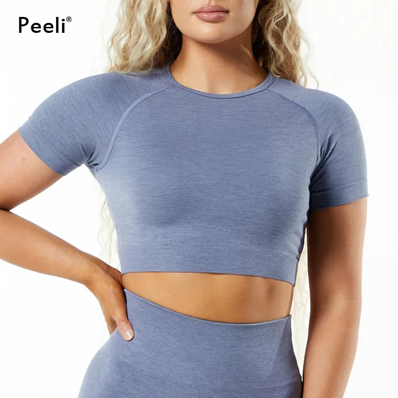 Short Sleeve Gym Crop Top Women Seamless Yoga Top Amplify Workout Crop Top Sports Shirts Fitness Slim Fit Running T-Shirts Femme