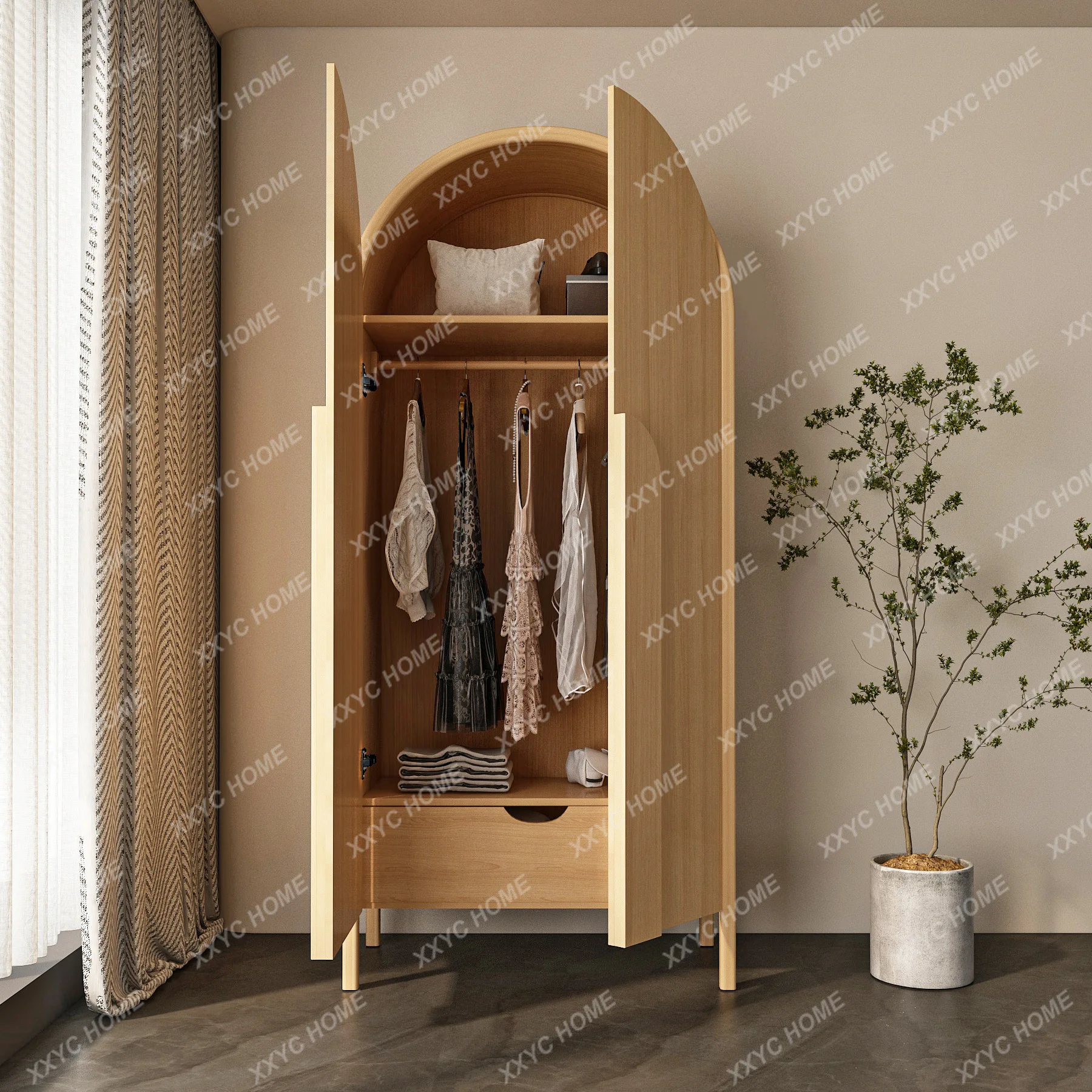 Simple solid wood double-door wardrobe, natural wood color storage cabinet, solid wood children's arched wardrobe