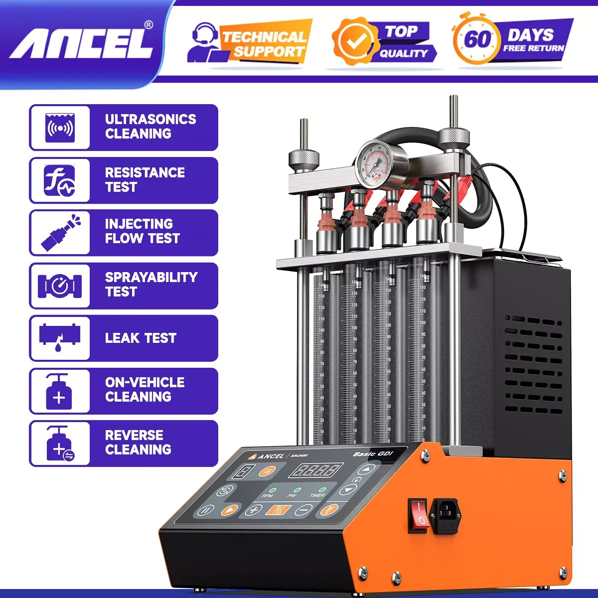 

ANCEL ANJ400 GDI Auto Car Ultrasonic Fuel Injector Cleaner Tester Leak Test Machine 4-Cylinders EFI FEI Cleaner Test Cleaner
