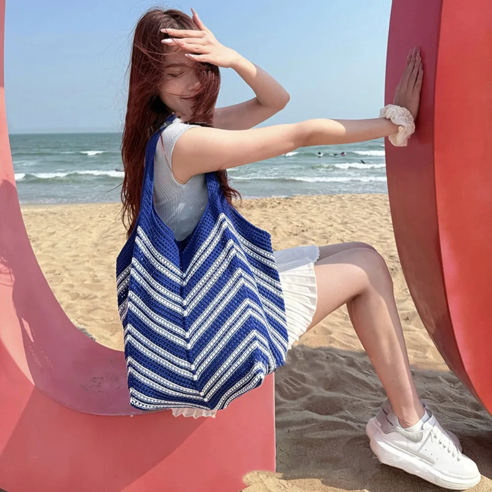

Vintage Shoulder Bag Hollowed Out Knitted Bag Bohemian Large Capacity Beach Starw Bag Handbag Stripe Weave Bag Beach