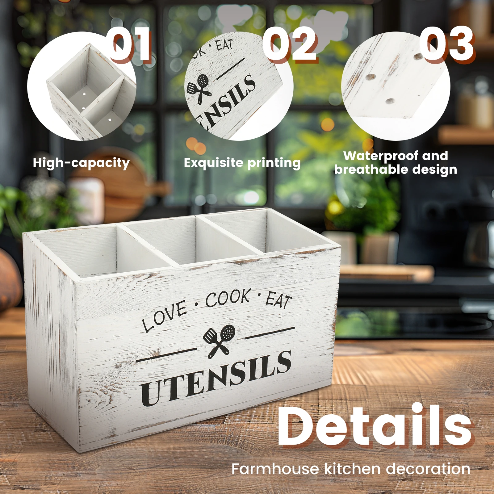 Wooden Cutlery Holder Kitchen Utensil Holder with 3 Compartments Household Tableware Spoon Organizer Kitchen Table Decor