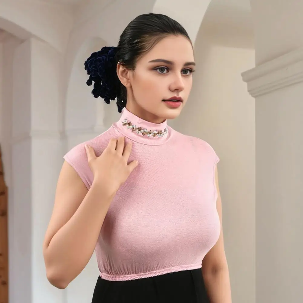 

Women Fake Collar Elegant Rhinestone Decorated False Collar Attachment with Half High Collar Design Breathable Elastic Fashion