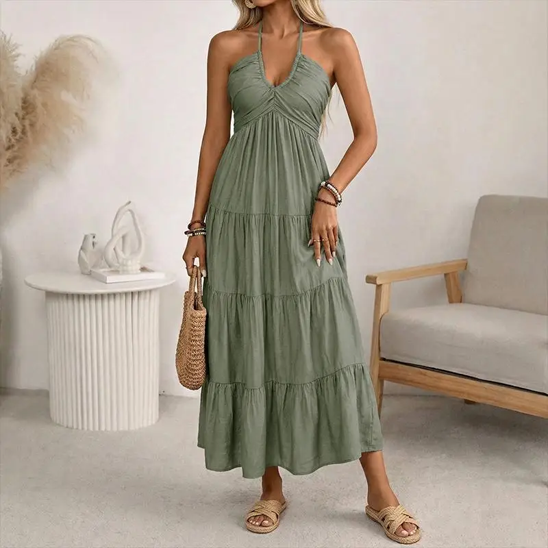 

Women's Green Maxi Dress Halter Neck Ruched Tiered Ruffle Hem Flowy For Summer Beach Vacation Boho Casual Wear