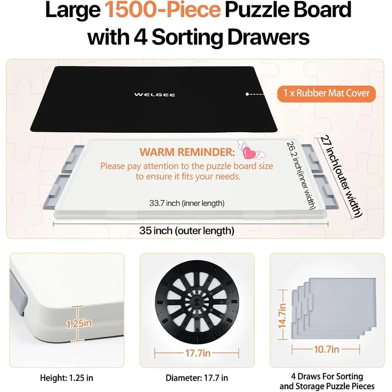 1500 Pieces 2-in-1 Tilting & Rotating Puzzle Board with Drawers and Cover, 35