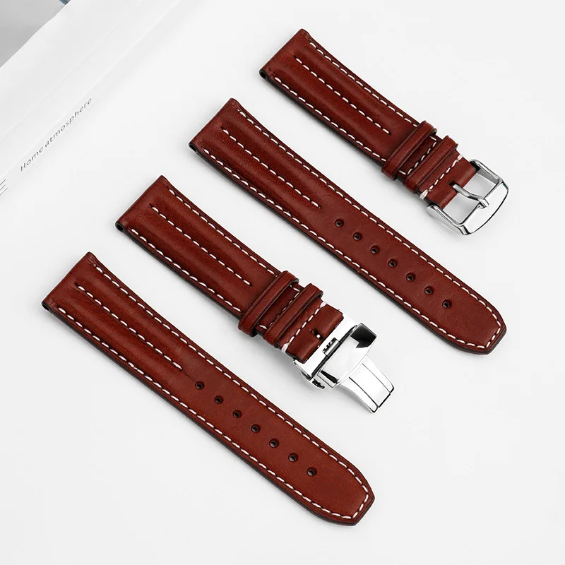 22mm full grain cow leather brown white line soft strap men's waterproof sweatproof watchband bracelet For Seiko 5 Mido Hamilton