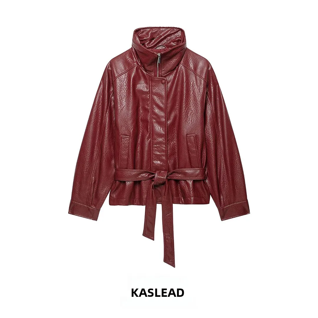 KASLEAD New Women's Leather Effect Belt Jacket Coat 6318341 Long Sleeve Zipper Closure Regular Length Polyester Fiber
