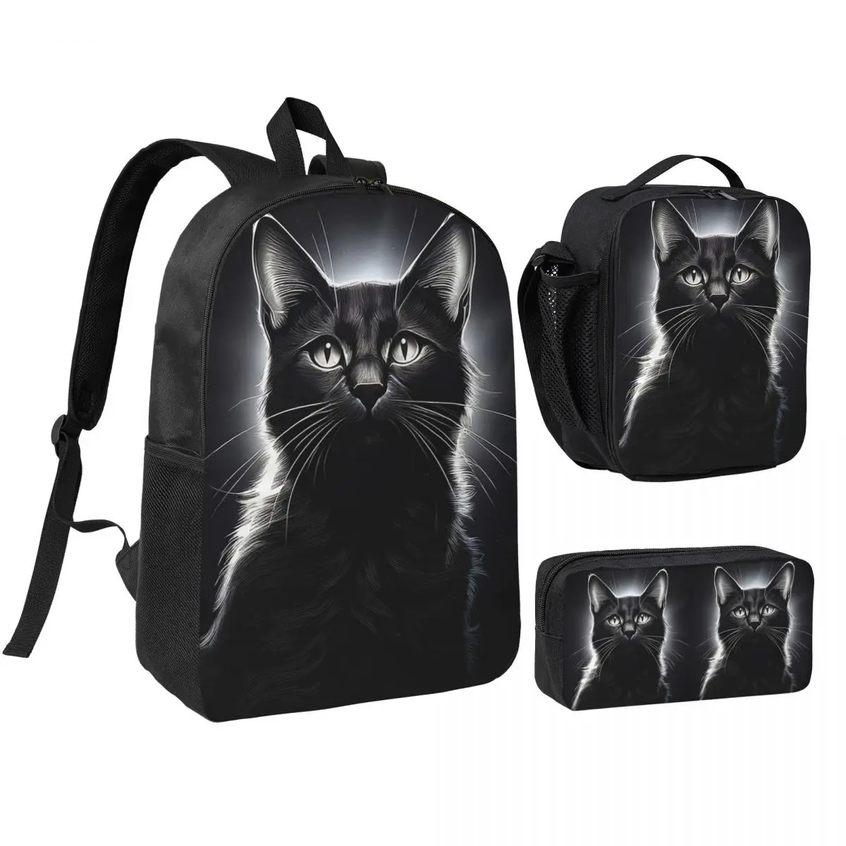 Frontal View Of A Beautiful Black Cat With Backlight Backpack Student BookBag School Bag Shoulder Bags 3ps Lunch Bag Pencil Case