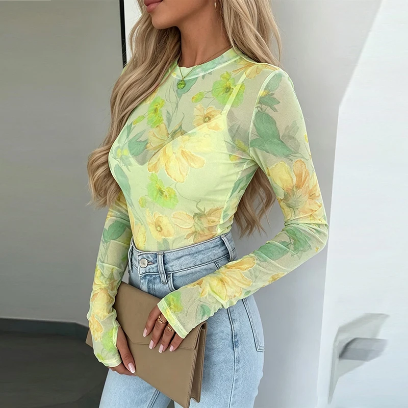 Flower Printed See Through Sunscreen Blouses Ladies Fashion Street Wear Tops Casual O Neck Long Sleeved Tight Fitting Pullover