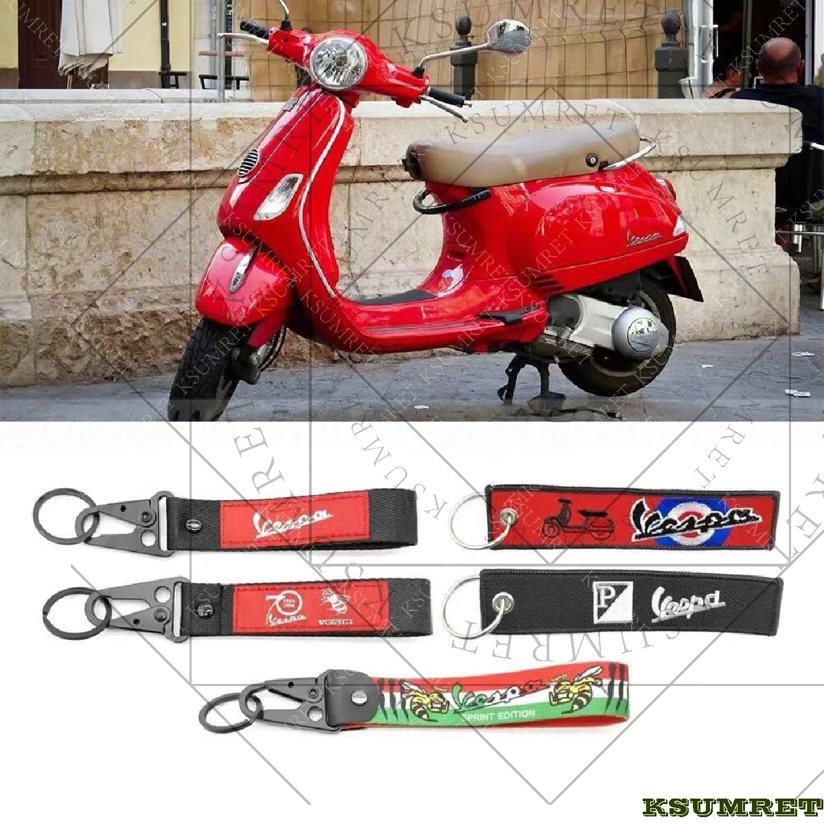 

For Vespa Motorcycle Keychain keys made with computerized embroidery for a stylish and protective design